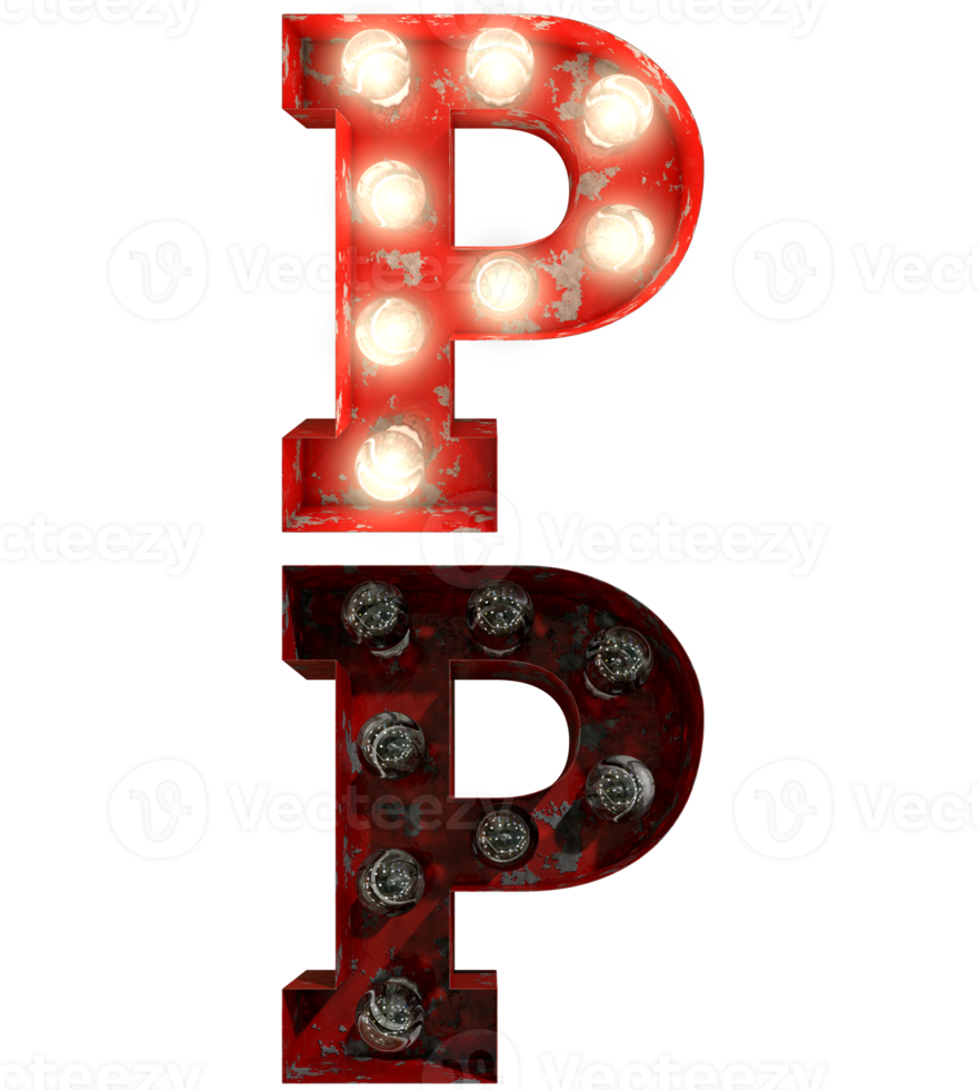 Red rusty light bulb letters in ON and OFF state the character P png