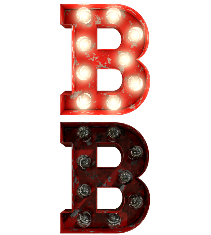 Red rusty light bulb letters in ON and OFF state the character B png