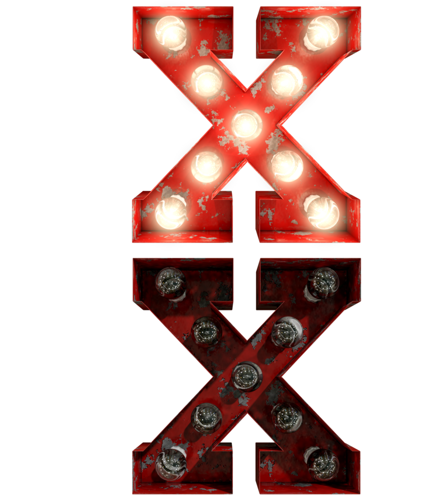 Red rusty light bulb letters in ON and OFF state the character X png