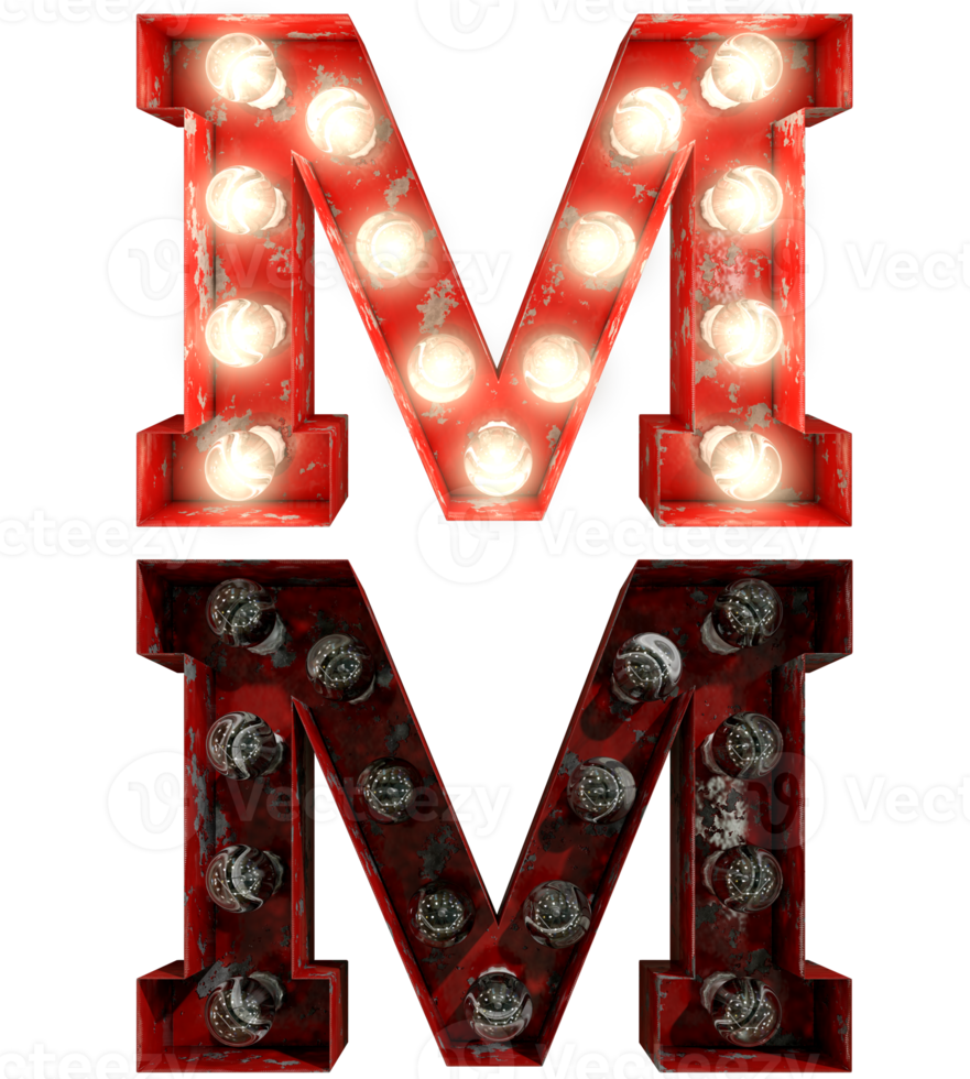 Red rusty light bulb letters in ON and OFF state the character M png