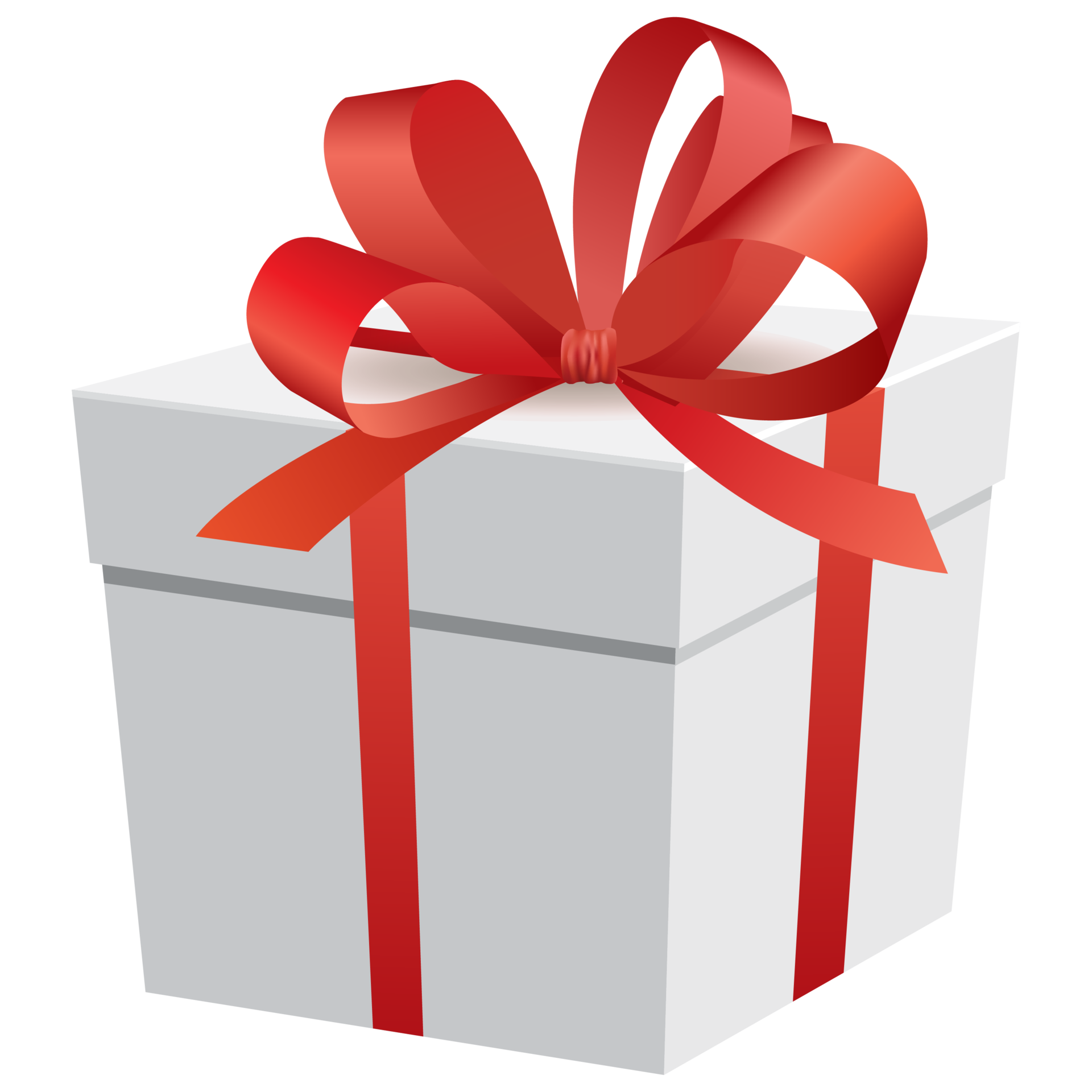 White gift box and red ribbon. Chirstmas and happy new year decor