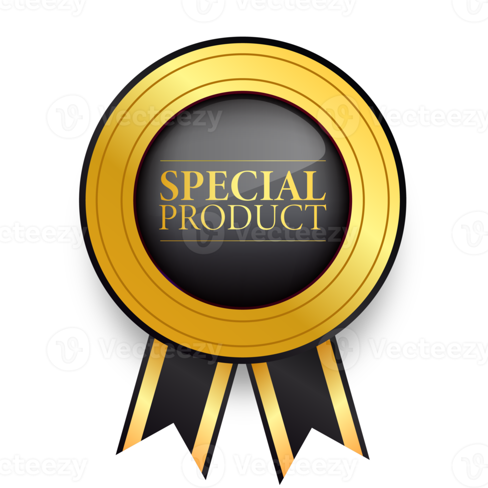 Special product realistic gold labels and badges with ribbon. png