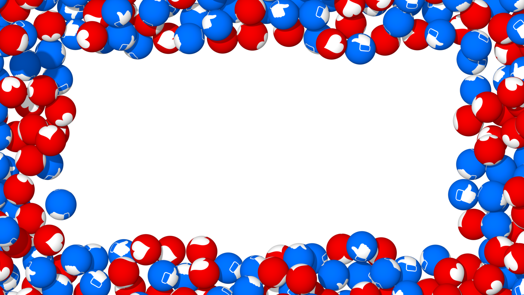 médias sociaux pouces comme et coeurs boules 3d cadre photo, rendu 3d, isolé png