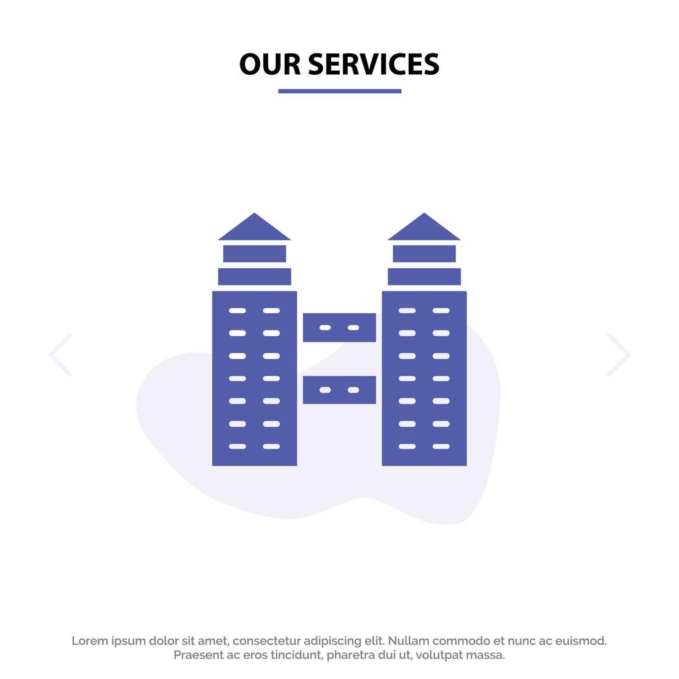 Our Services Building City Construction Solid Glyph Icon Web card Template vector