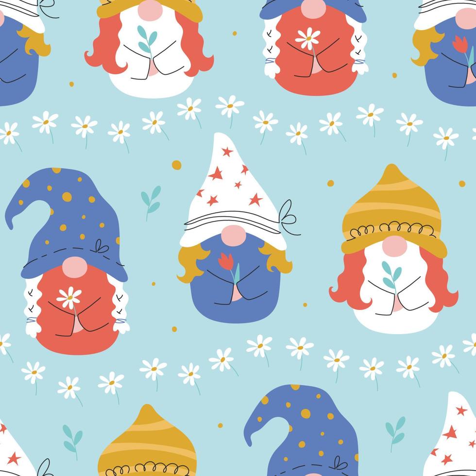 Seamless vector pattern with cute hand-drawn dwarf cartoon female characters
