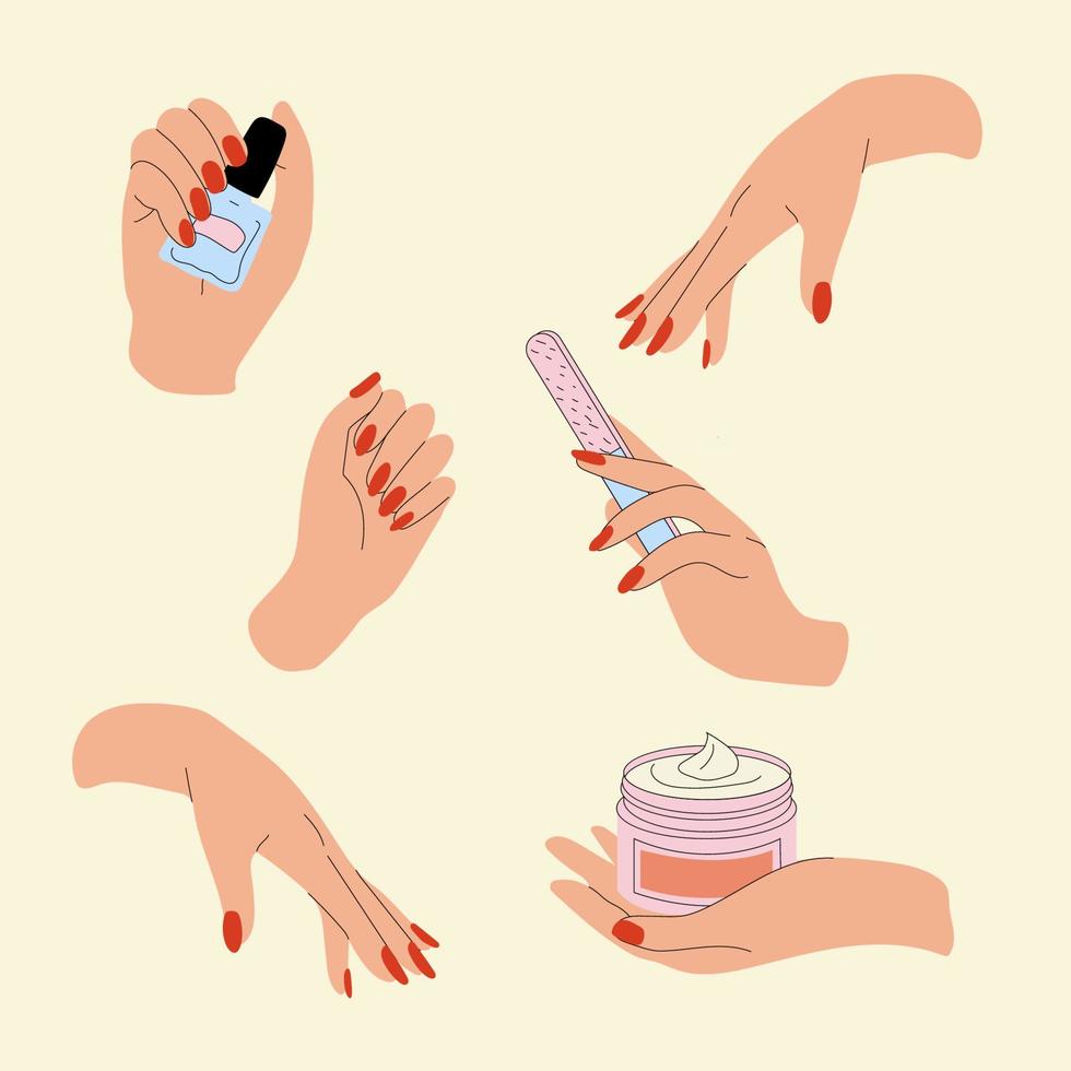 Hand manicure and care. illustrations for nail cosmetics and beauty spa salon. Hands paint, file nails, holding polish and cream, vector set