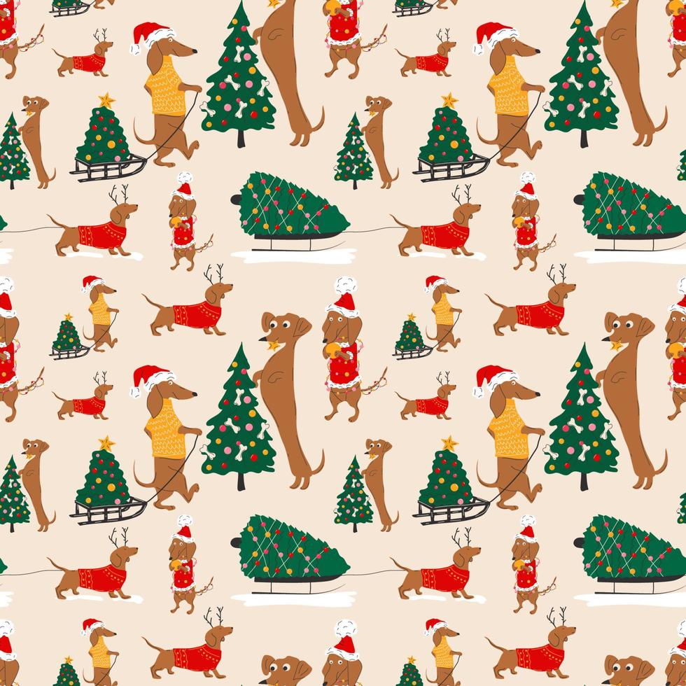 patrón sin costuras con perros dachshunds y árboles de navidad ilustración vectorial vector