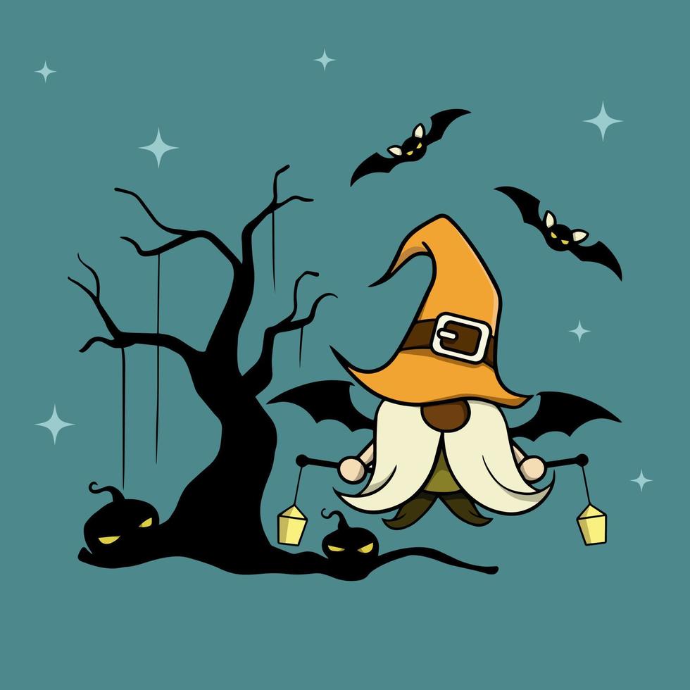 gnomo vectorial de halloween con sombrero con murciélago, barba de calabaza, calavera y linterna. truco o trato. aislado sobre fondo de color vector