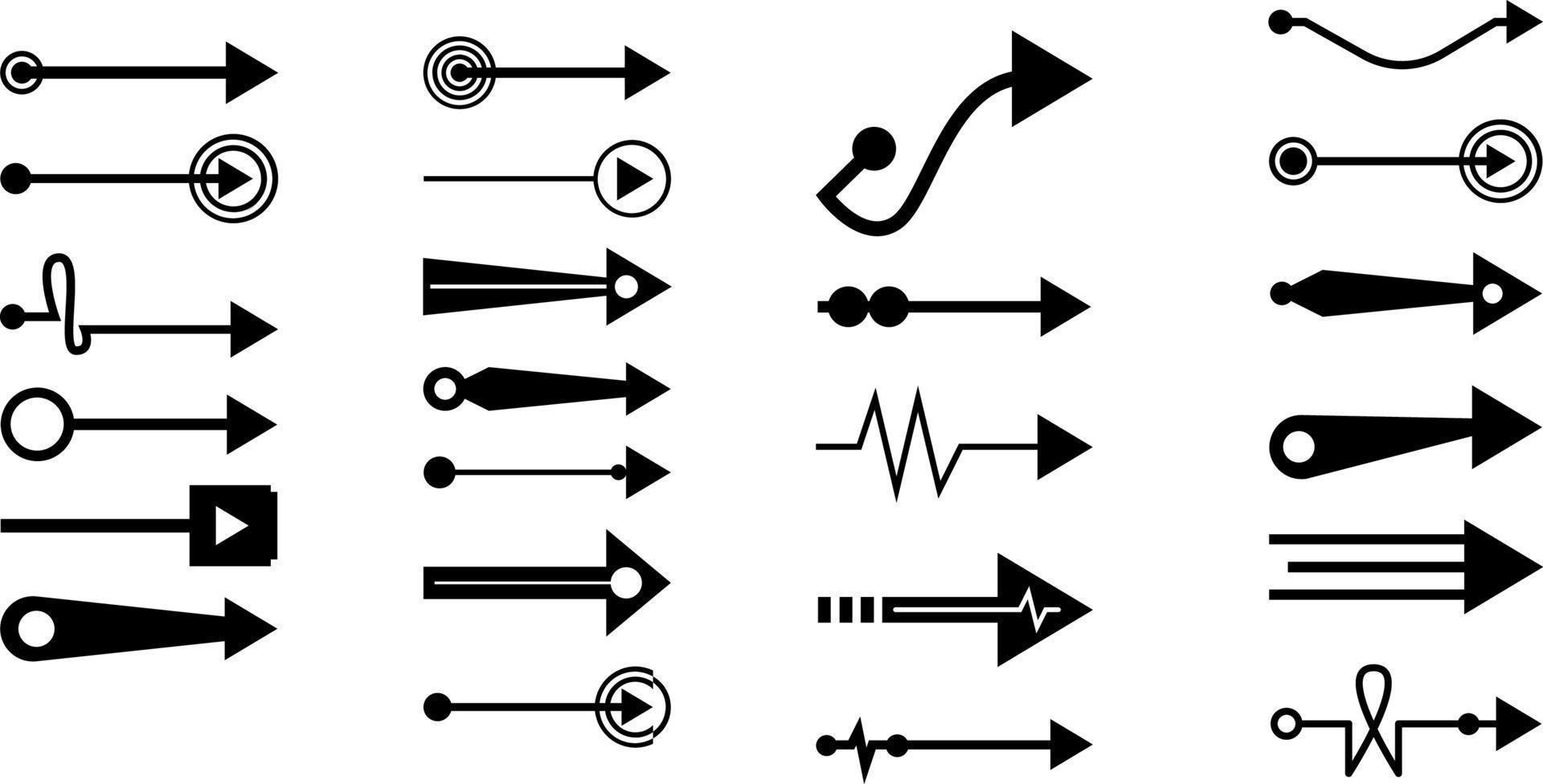 mega juego de flechas. símbolos de dirección de flecha de veinticuatro formas diferentes. establecer diferentes flechas o diseño web. estilo plano de flecha aislado sobre fondo blanco, vector de stock.