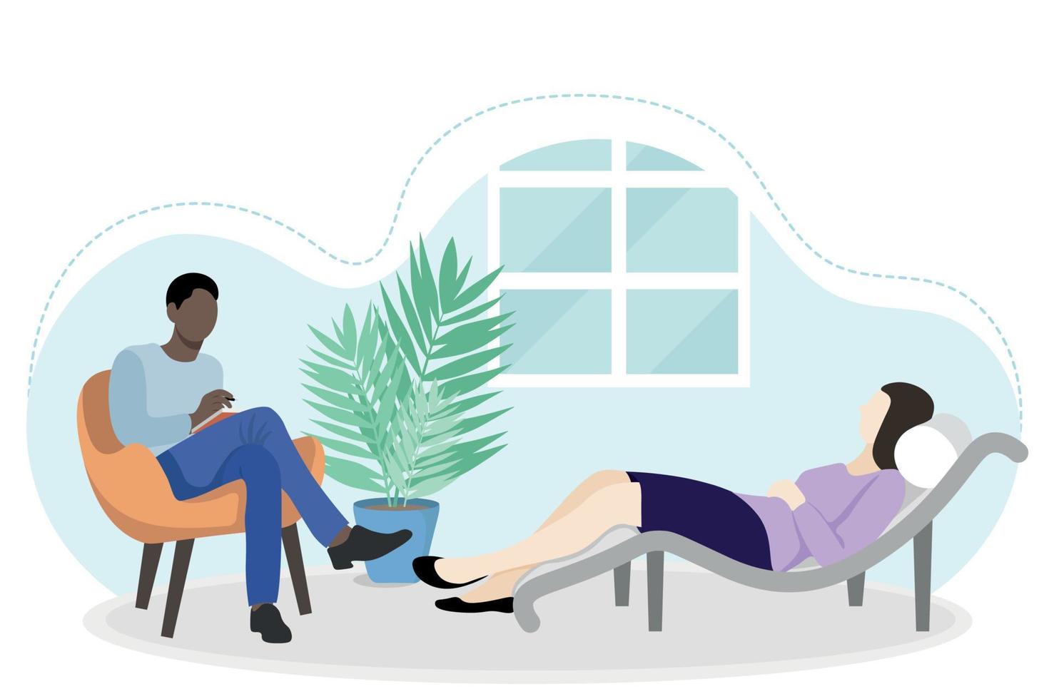 Woman at the appointment with a psychotherapist, flat vector, isolated on white, a woman lies on a sofa, a doctor sits in a chair, a doctor's office, people of different nationalities vector