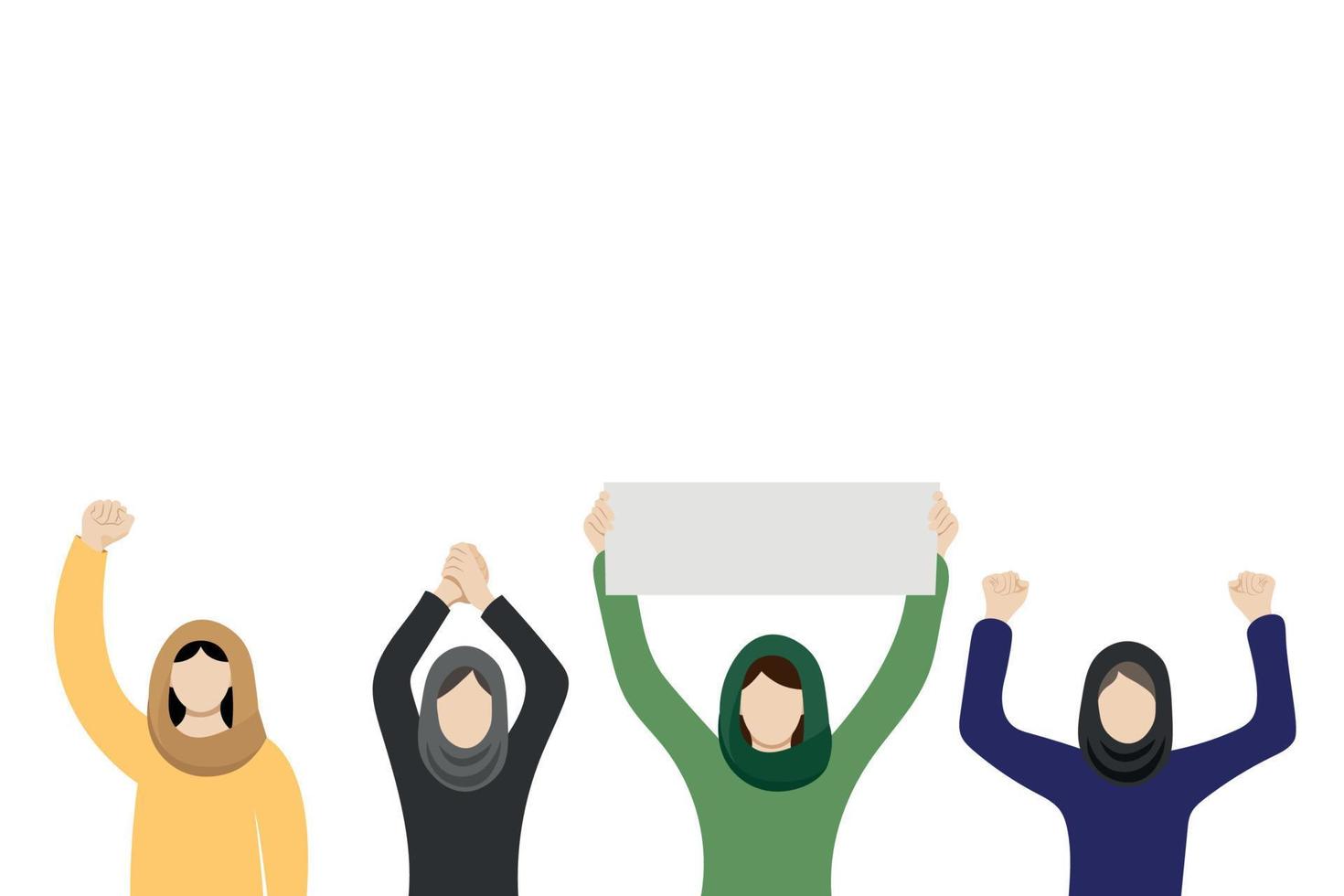 Portraits of women in headscarves with their hands raised above their heads, flat vector, isolated on white background, faceless illustration, women protests vector