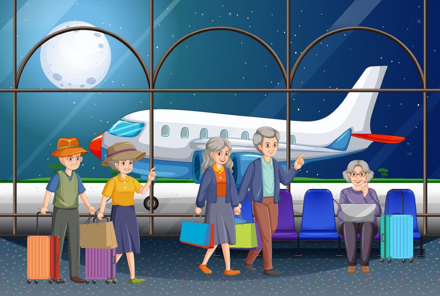 Senior tourists at the airport terminal vector