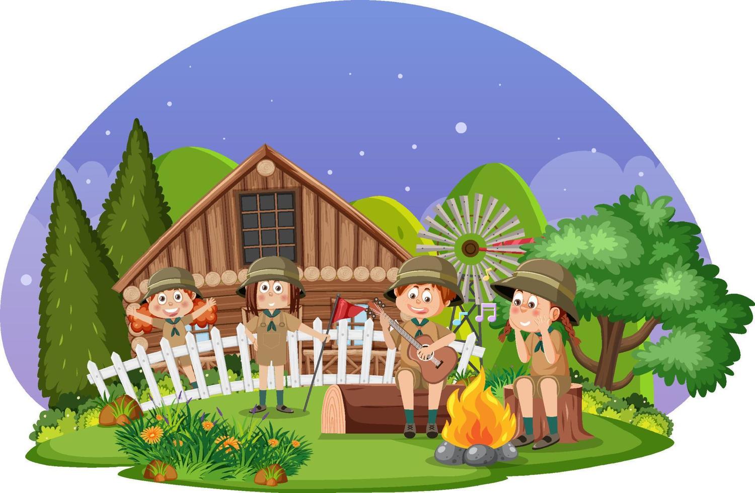 Children camping out forest scene vector