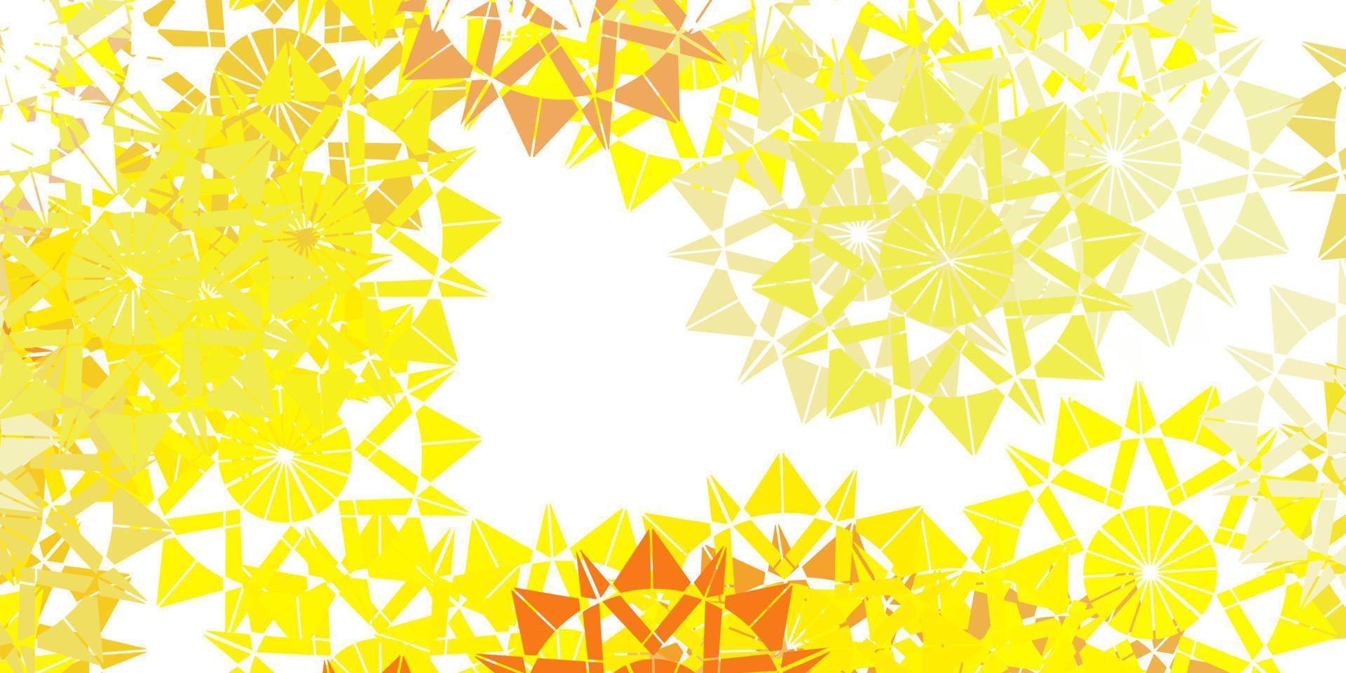 textura de vector amarillo claro con copos de nieve brillantes.