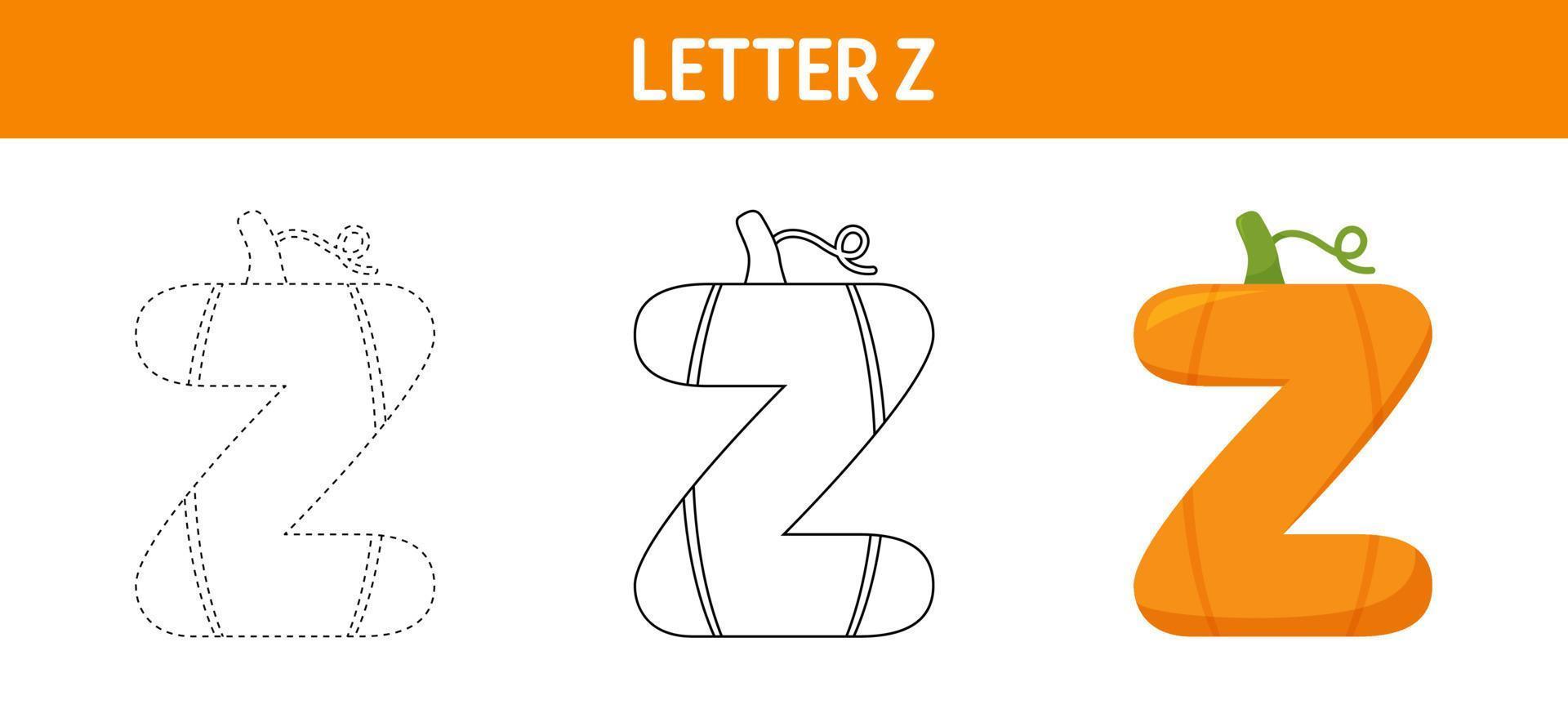 Letter Z Pumpkin tracing and coloring worksheet for kids vector