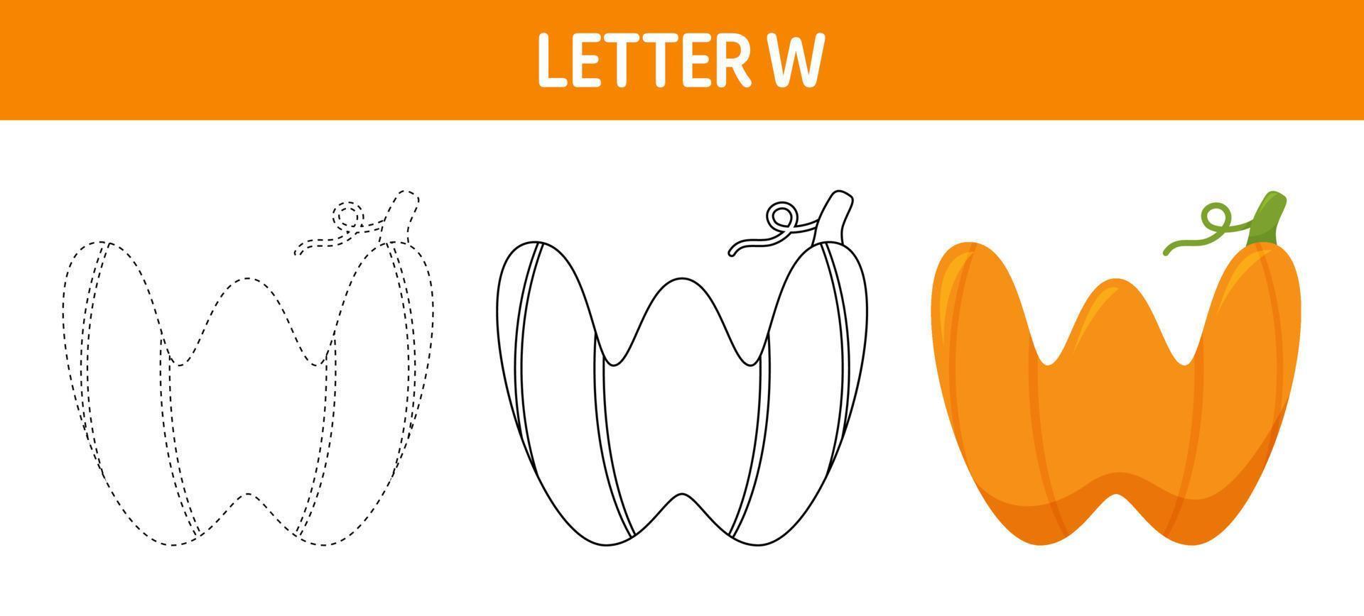 Letter W Pumpkin tracing and coloring worksheet for kids vector