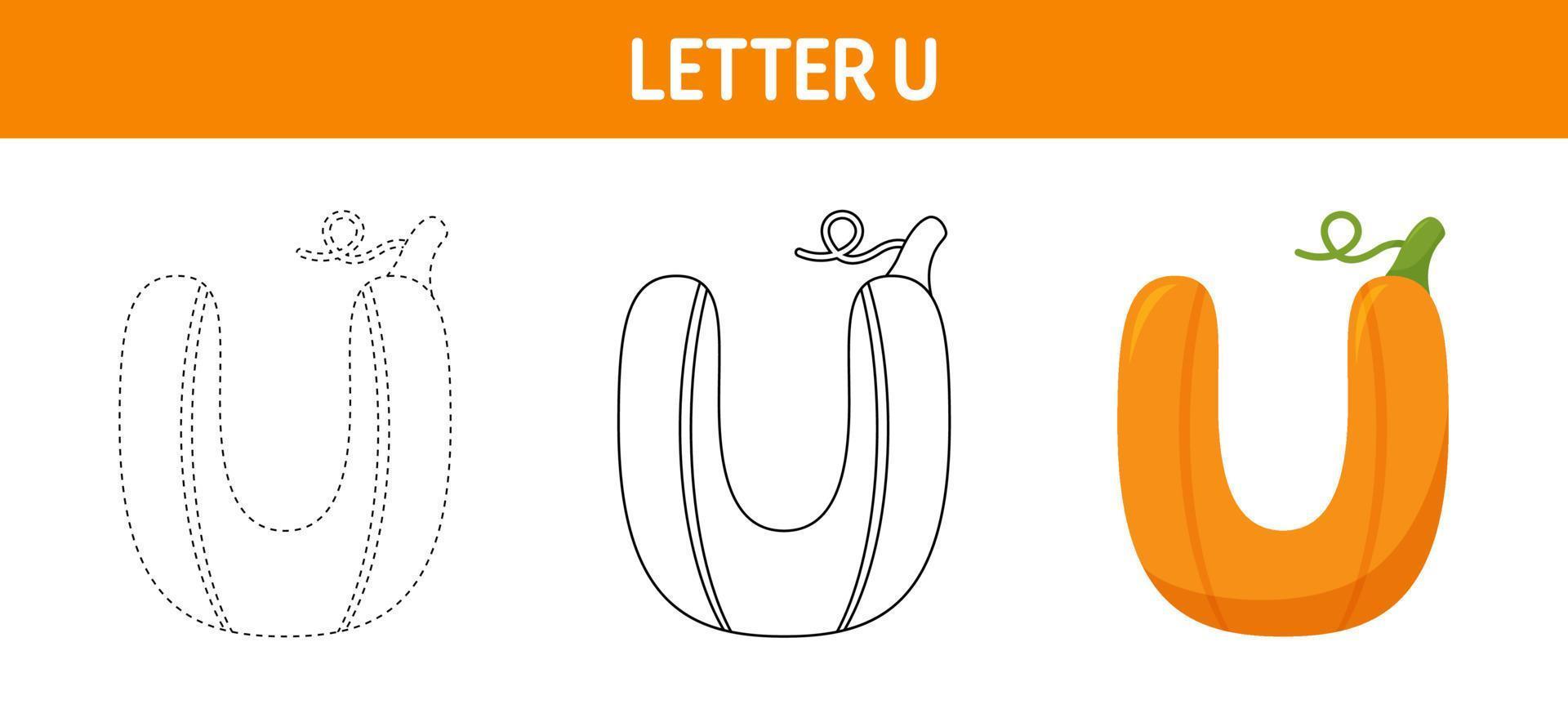 Letter U Pumpkin tracing and coloring worksheet for kids vector