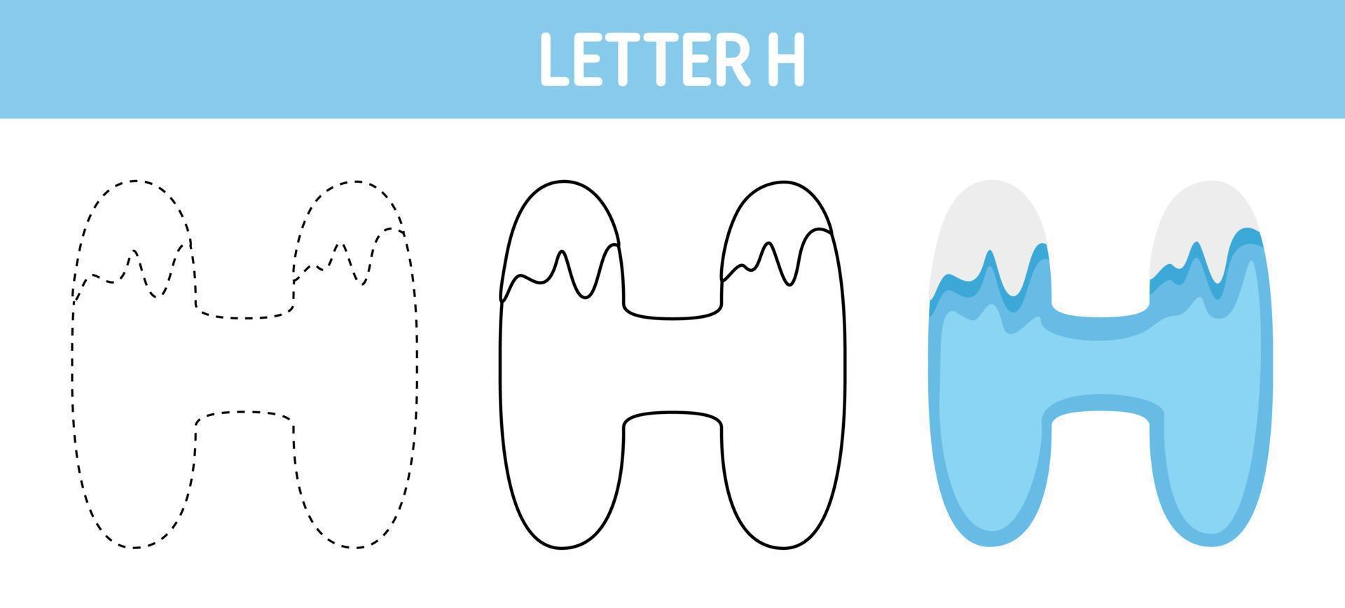 Letter H Snow tracing and coloring worksheet for kids vector