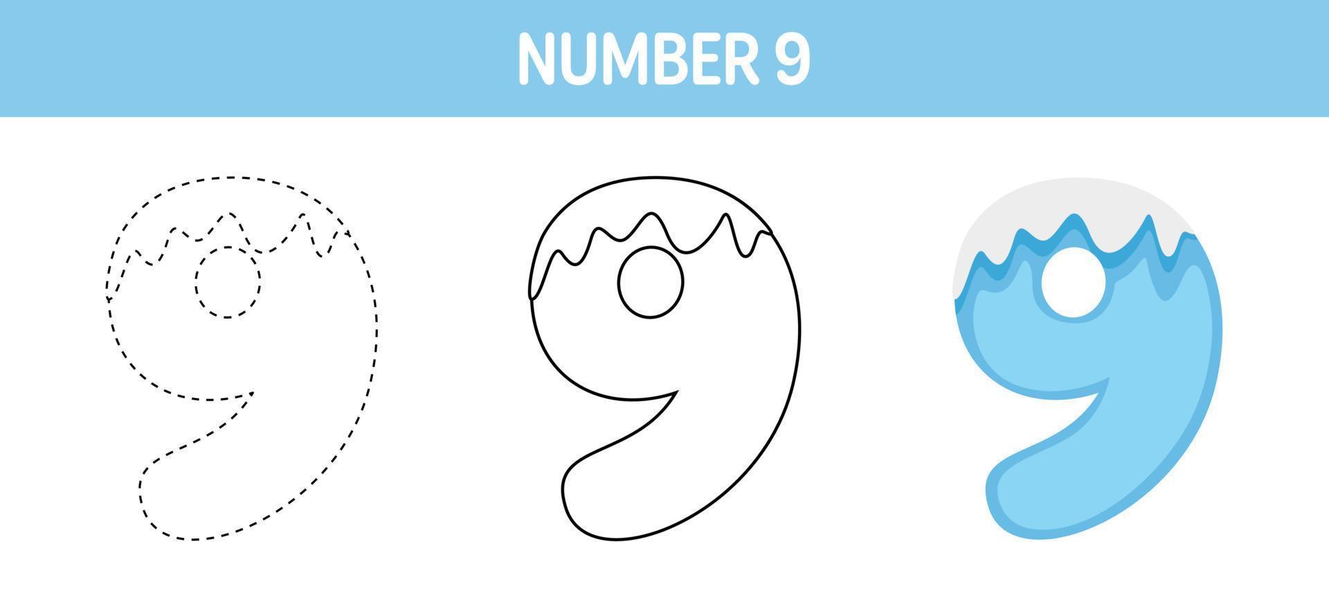 Number 9 Snow tracing and coloring worksheet for kids vector