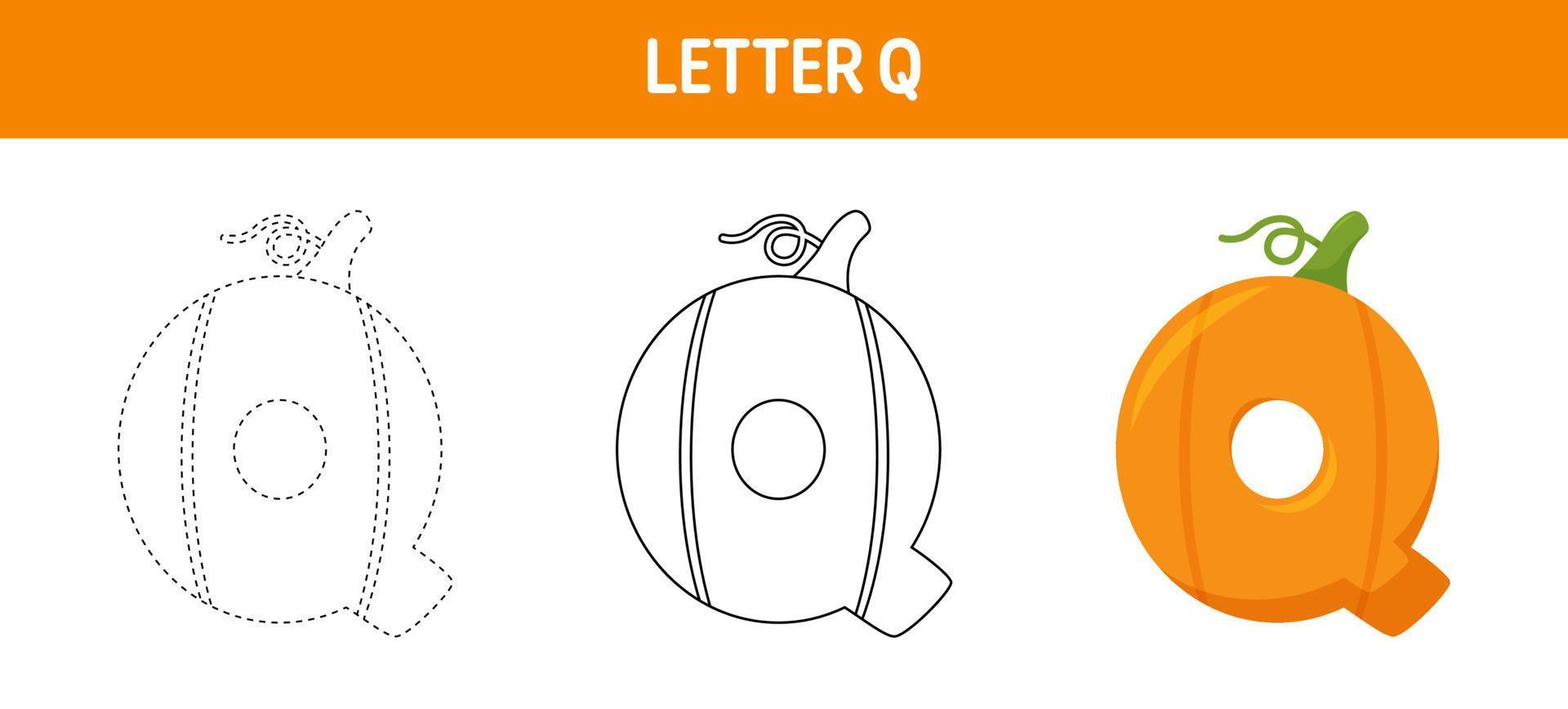 Letter Q Pumpkin tracing and coloring worksheet for kids vector