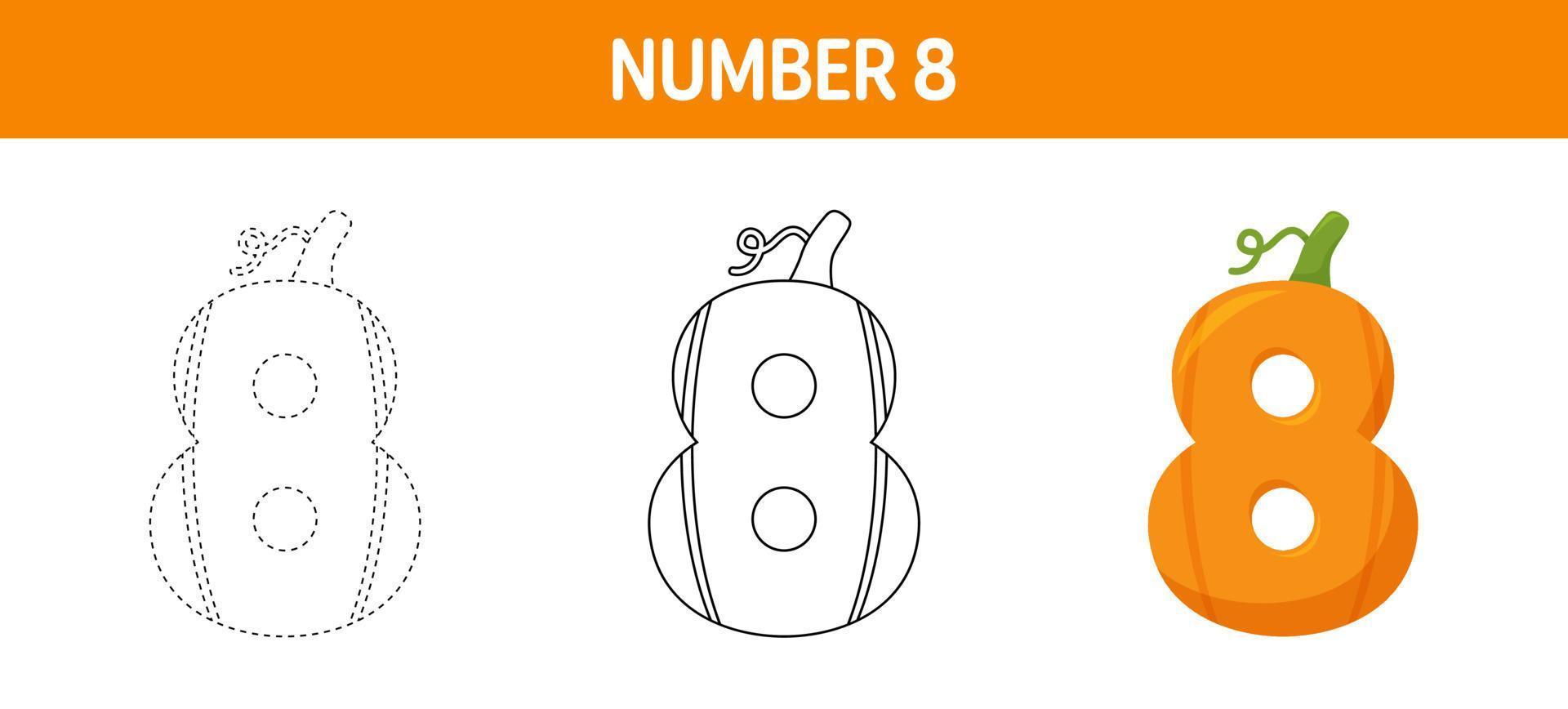 Number 8 Pumpkin tracing and coloring worksheet for kids vector