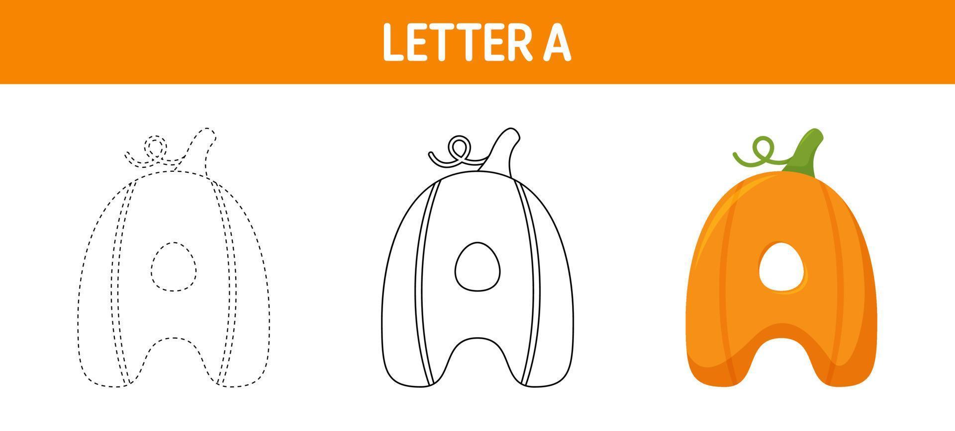 Letter A Pumpkin tracing and coloring worksheet for kids vector