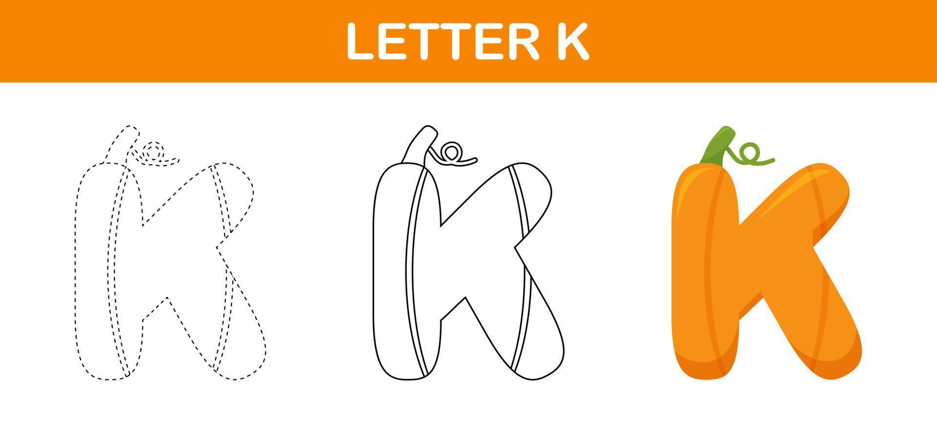 Letter K Pumpkin tracing and coloring worksheet for kids vector