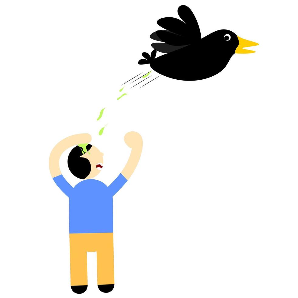 Vector illustration of angry man having bird droppings on his head. Birds defecate on a man's head. Isolated on a white background.