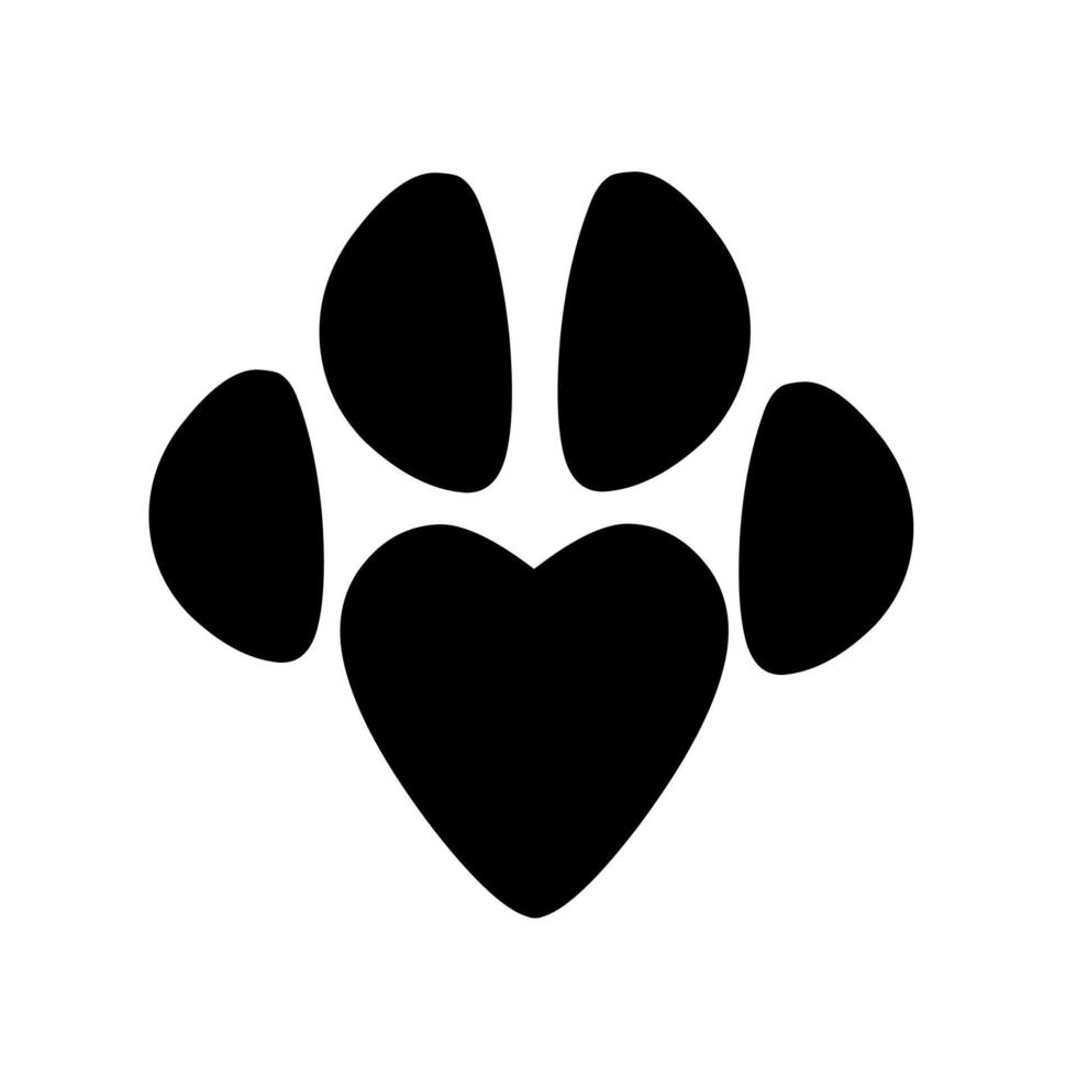 silueta de la pata de un gato con un símbolo de corazón negro en la pata. Aislado en un fondo blanco. ideal para logotipos de mascotas vector