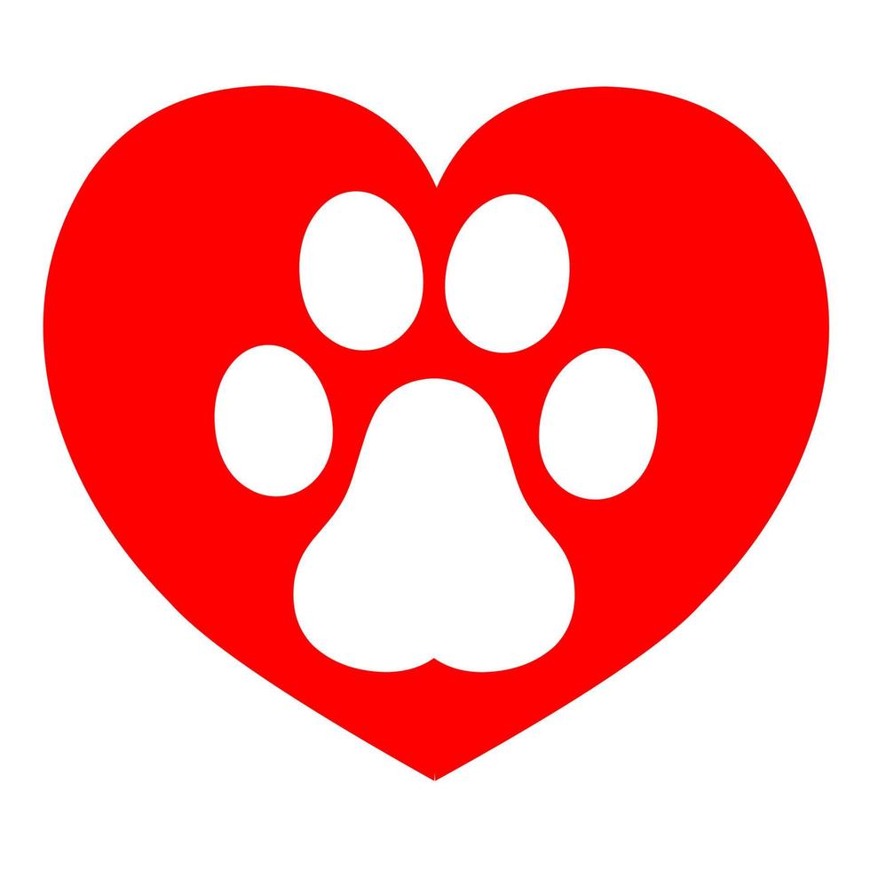 Cat paw footprint in heart. Vector. Love Cats. Animals, Pets, Puppies,  Kittens, Dogs . Red heart with cat white paw print inside. Symbol of love.  Postcard, emblem, icon, print, cover, sticker, t