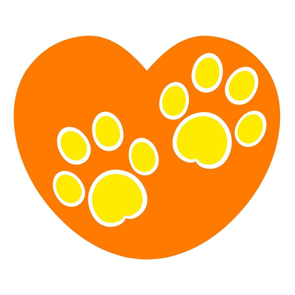 Vector illustration of two yellow cat paws with orange heart symbol. Isolated on a white background. Great for vet logos