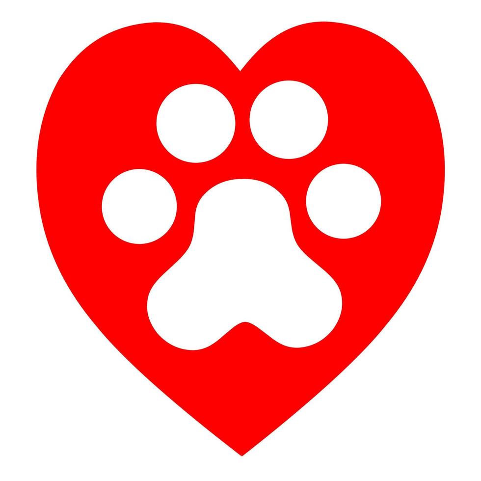 Illustration of a cat's paw with a red heart symbol on a white background. icon vector