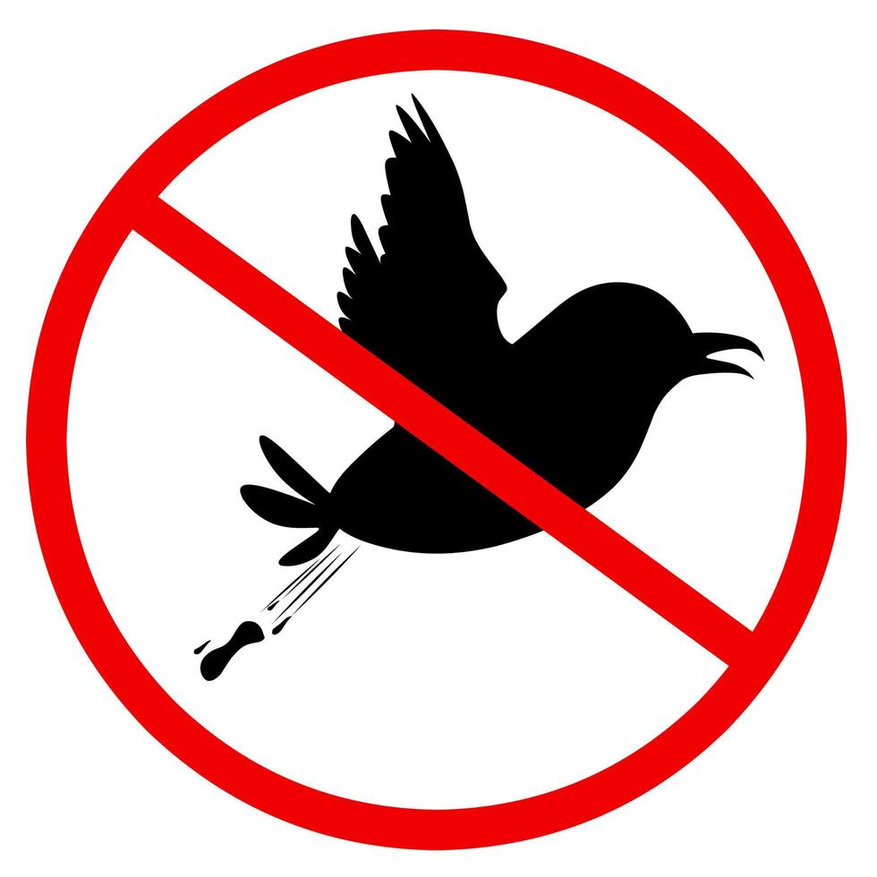 Bird droppings icon Silhouette design concept of littering bird in flight with red circle. Isolated on a white background. Great for animal poop warnings. vector