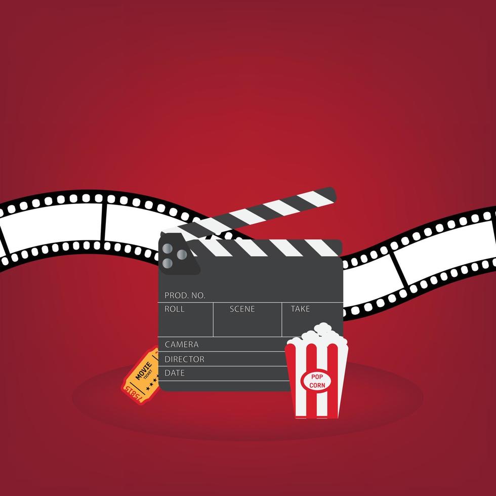 Popcorn box ,film strip, clapper board and ticket vector