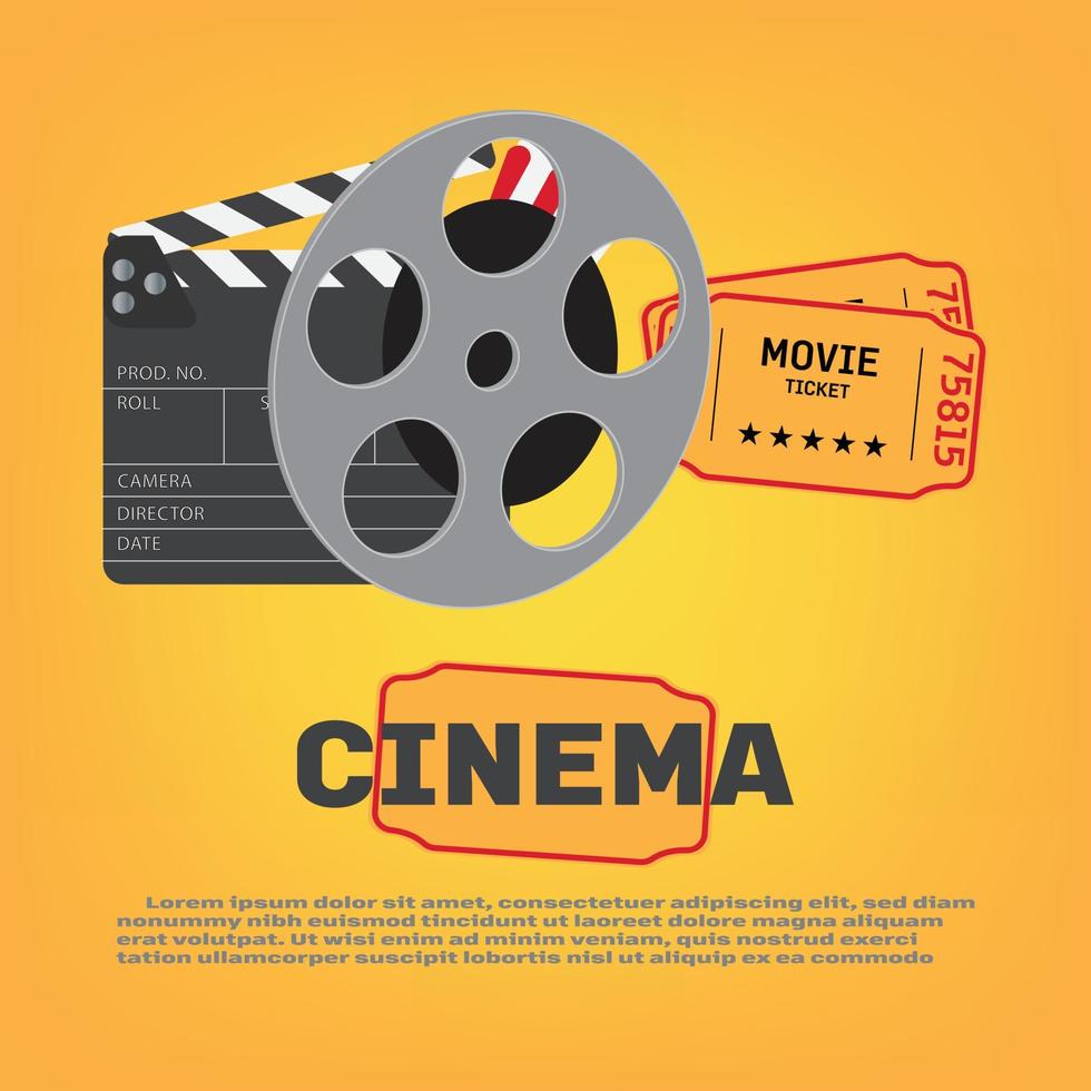 Cinema poster concept on yellow background. Composition with popcorn, clapperboard vector