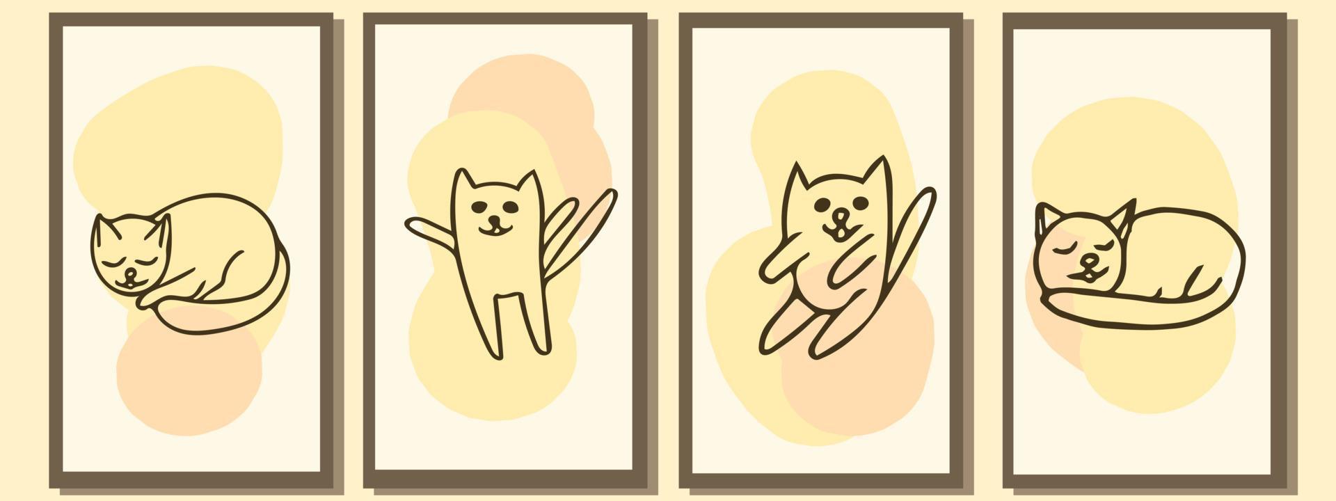 retratos de arte lineal del minimalismo de los gatos. conjunto de plantillas para carteles, tarjetas, decoración de interiores. boceto estilo garabato dibujado a mano. lindos gatitos vector