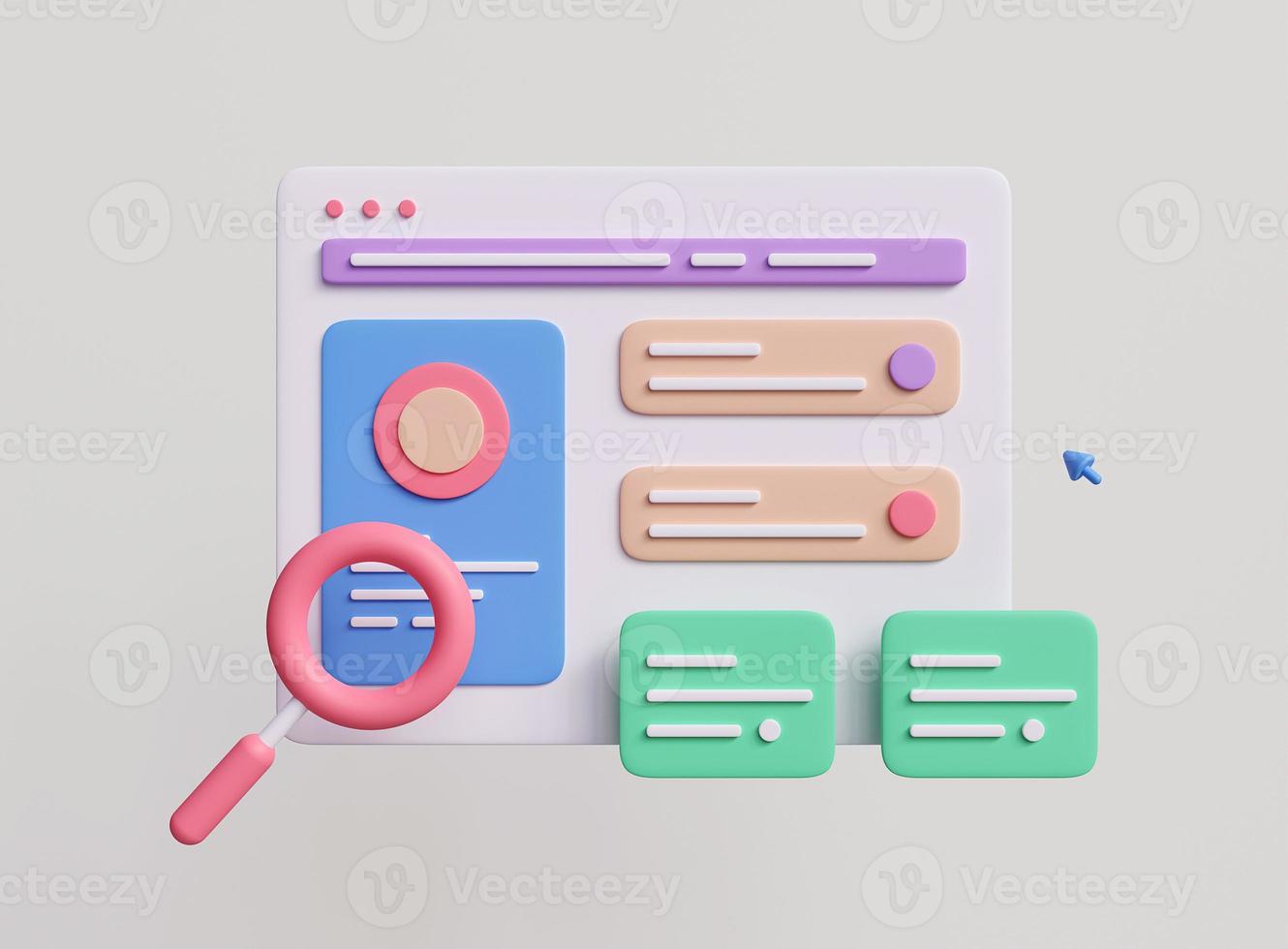 Web UI UX Design concept. 3D Web development and interface design. SEO optimization marketing. 3D rendering. photo