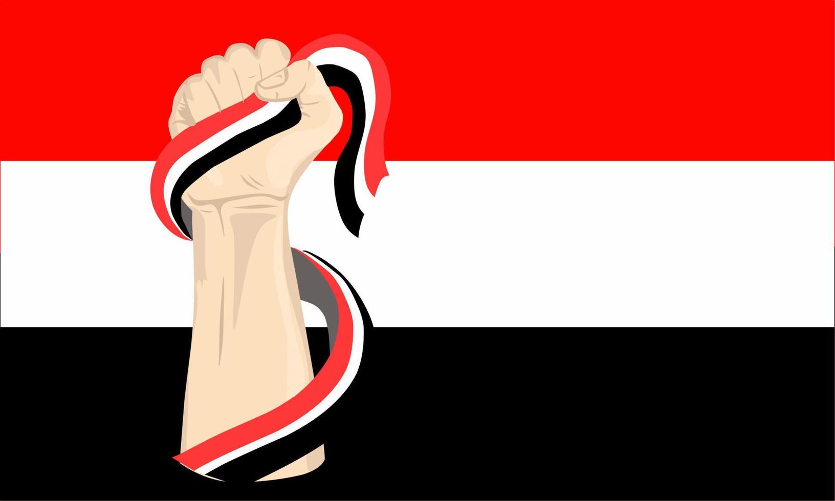 ilustración gráfica vectorial del día de la independencia de yemen con la mano sosteniendo la bandera de yemen. perfecto para las celebraciones del día de la independencia. diseño de pancartas vector