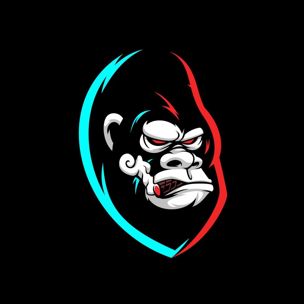 Angry gorilla mascot esport emblem logo with glitch color. Illustration of gorilla facial expression. vector