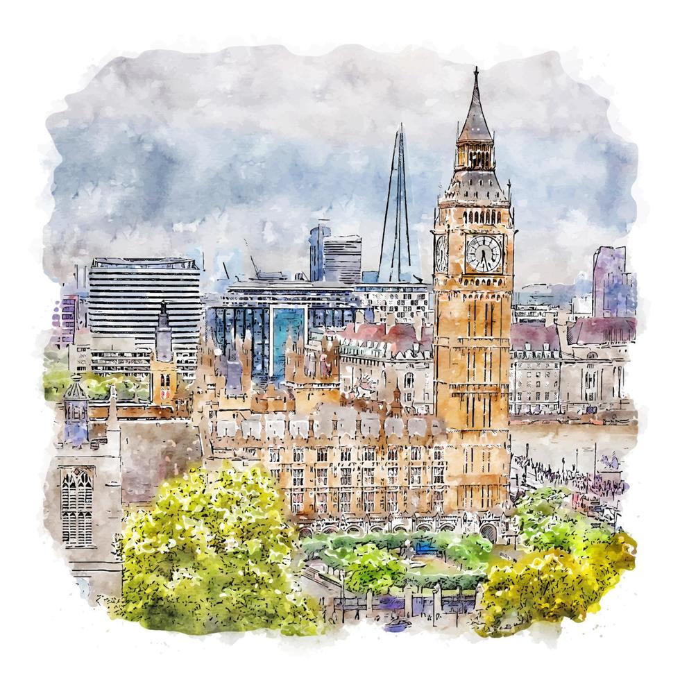 House Of Parliament London Watercolor sketch hand drawn illustration vector