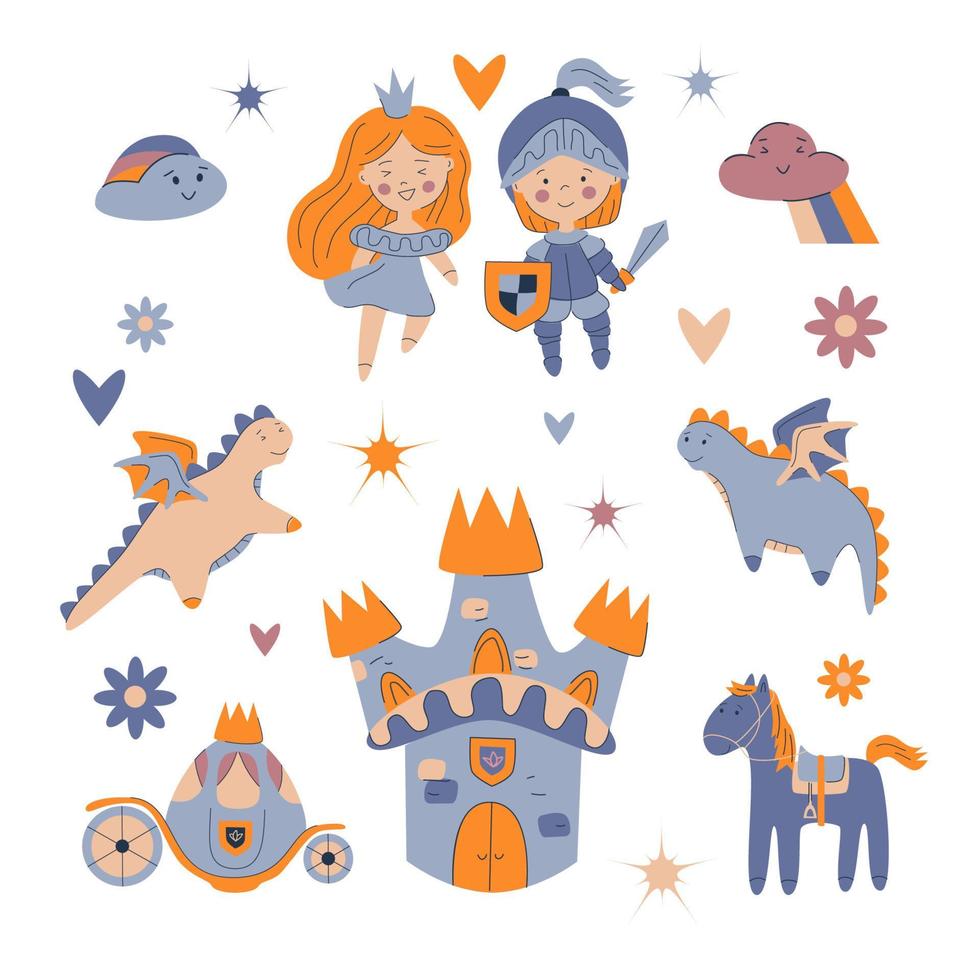 Magic elements good kids story. Princess prince knight dragons castle carriage horse pony and decor elements stars hesrt flowers. Girl in crown fortress boy in armor, costume party vector illustration