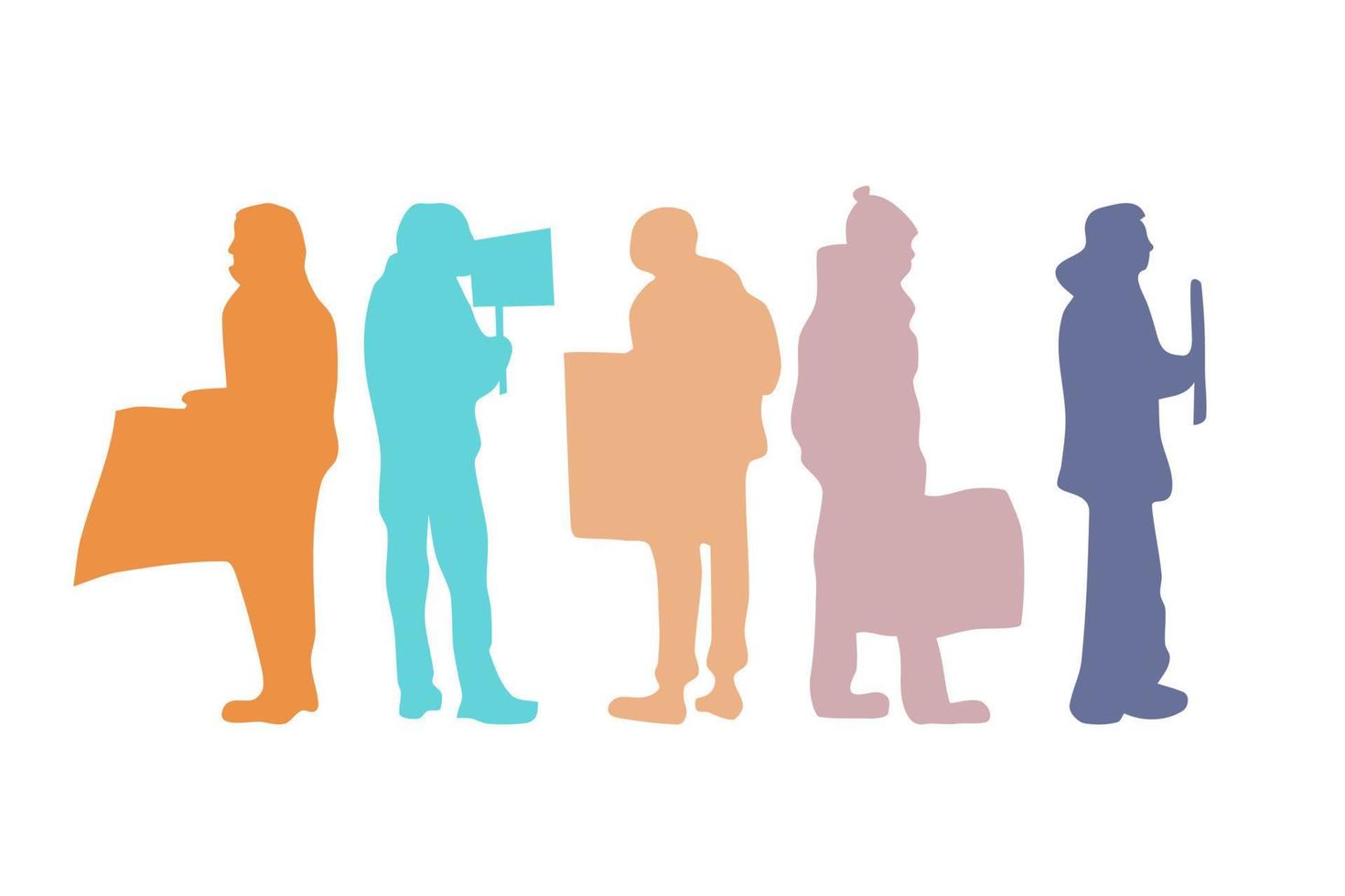 Group of people color silhouettes. Men protesters with placard different poses. Growd of people standing together. For any type of protest. Flat vector illustration.