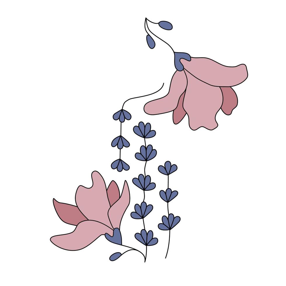 diseño de flores de lavanda magnolia, garabato de línea delgada de color botánico. motivos florales para la cubierta de arte de la pared con estampado de tatuajes. ilustración de vector de contorno de moda simple sutil sutil elegante estética.