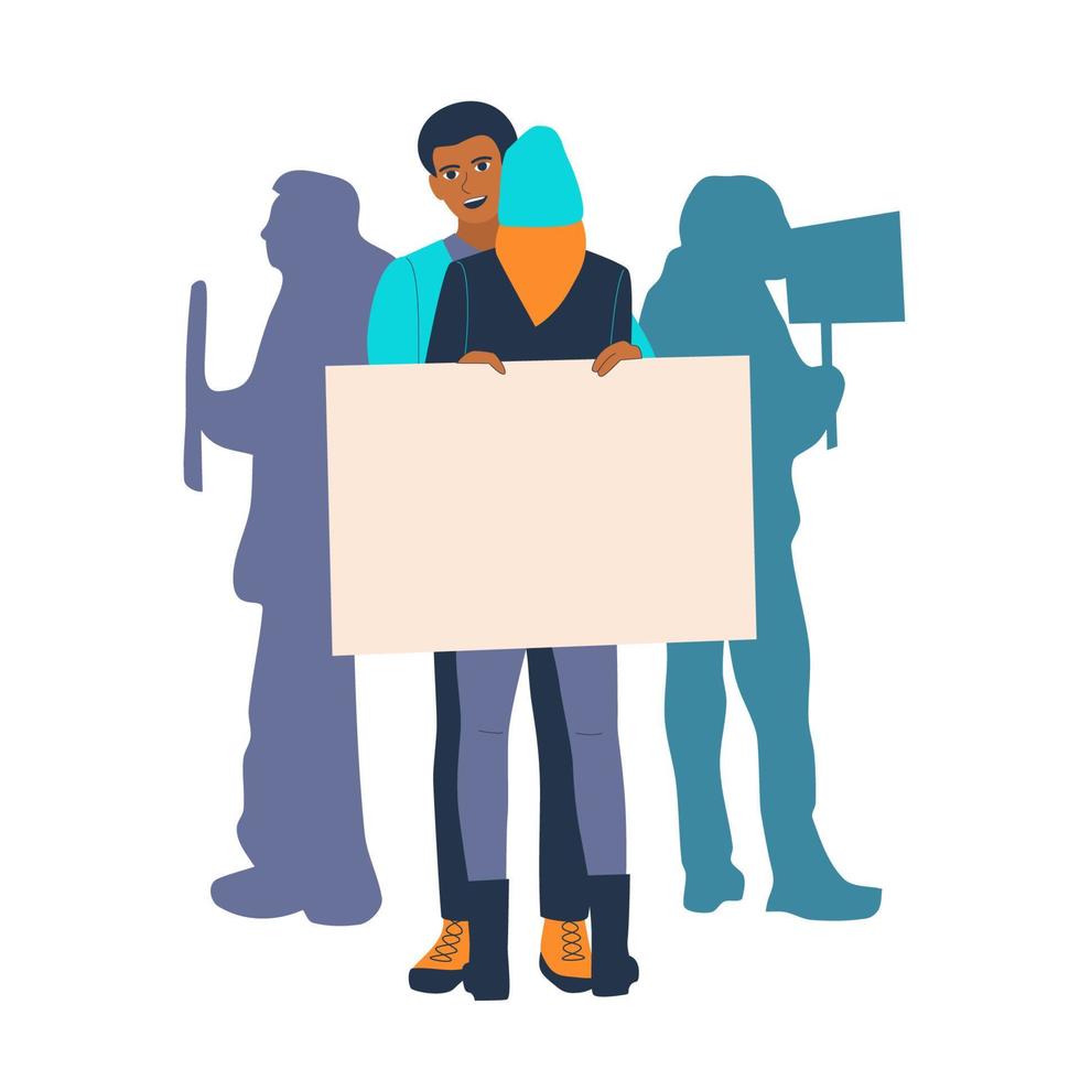 Guy hugs girl and hold placard on protesting people background. People group holding blank banners, manifesting activists demonstrating empty signs. Street protest flat vector illustration