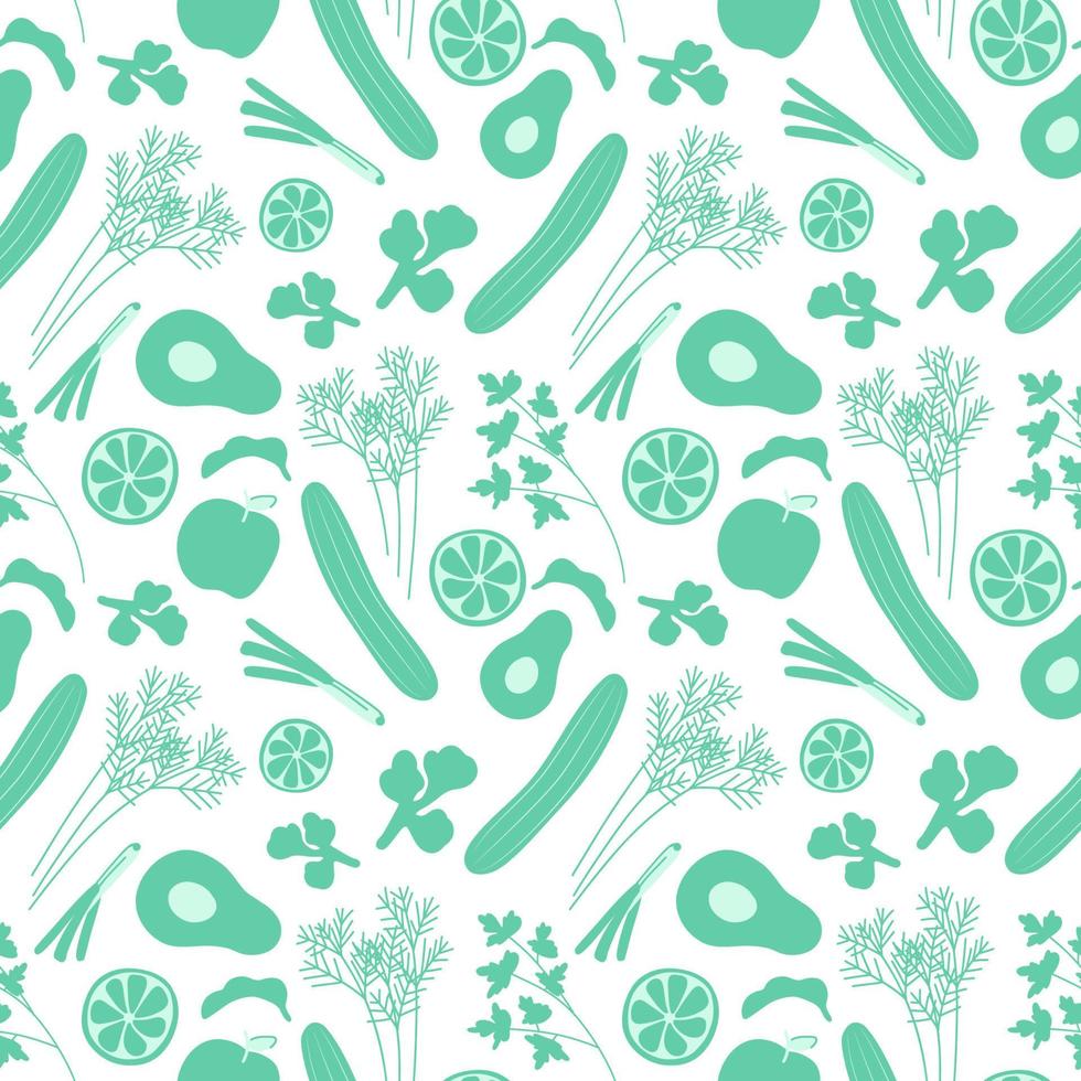 Seamless pattern with hand drawn green fruit vegetable. Fresh doodle leek green onion, peas apple parsley dill cucumber avocado broccoli. Vegetarian healthy farm local organic food vector illustration