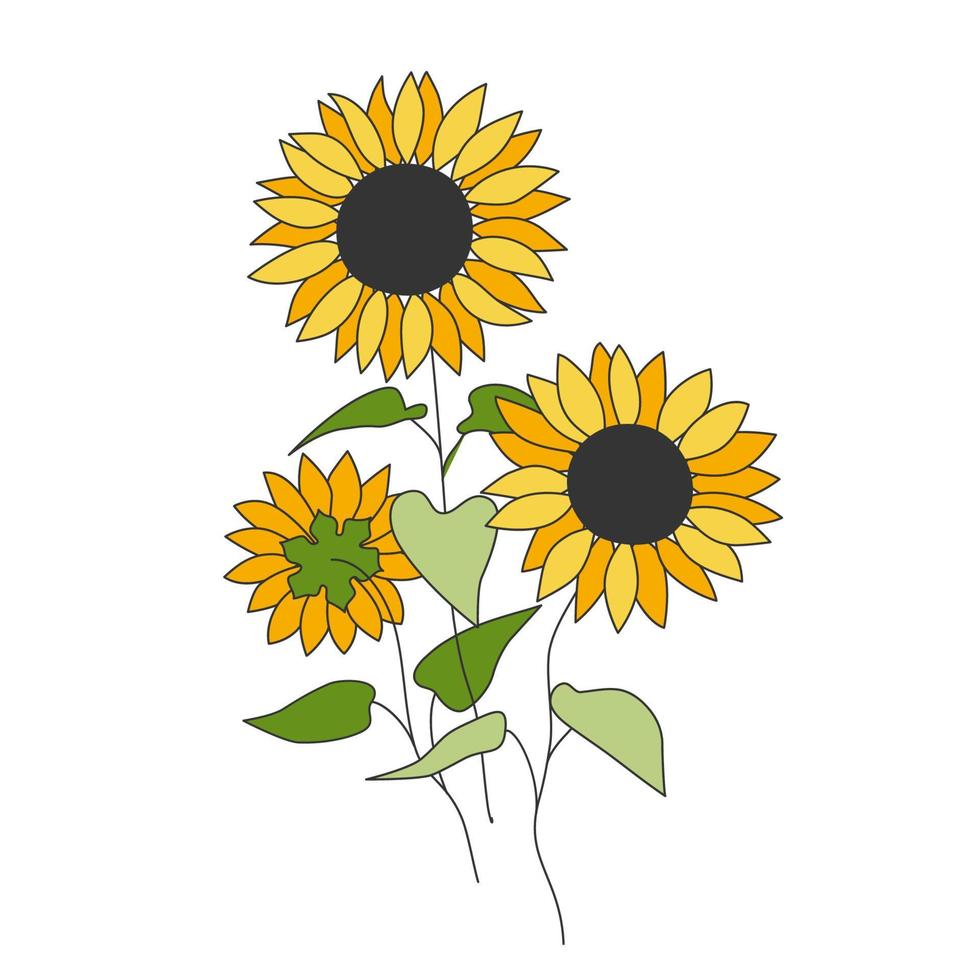 diseño de flores y hojas de girasol, helianthus de doodle de línea delgada de color botánico. motivos florales para la cubierta de arte de la pared con estampado de tatuajes. ilustración de vector de contorno de moda simple elegante estética.