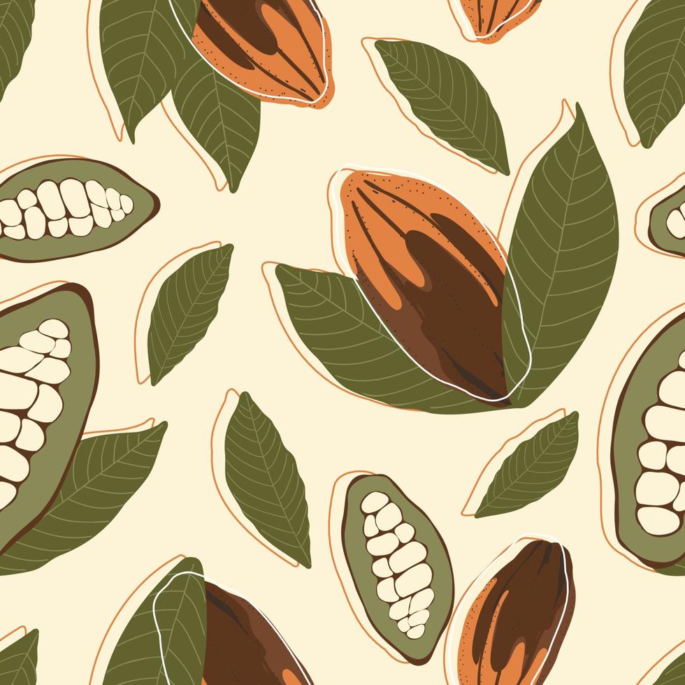 Cocoa tree fruit whole and sliced with leaves and natural cacao beans inside seamless pattern, exotic chocolate fetus, organic raw cocoa with outline vector illustaration