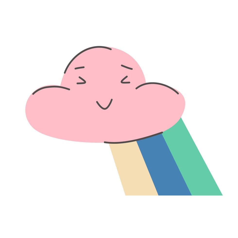 Cute little cloud with rainbow tile. Kawaii pink happy squint cloudlet. Great design for any purposes. Happy birthday, party, print, cover. Doodle vector illustration. Cute funny pattern.