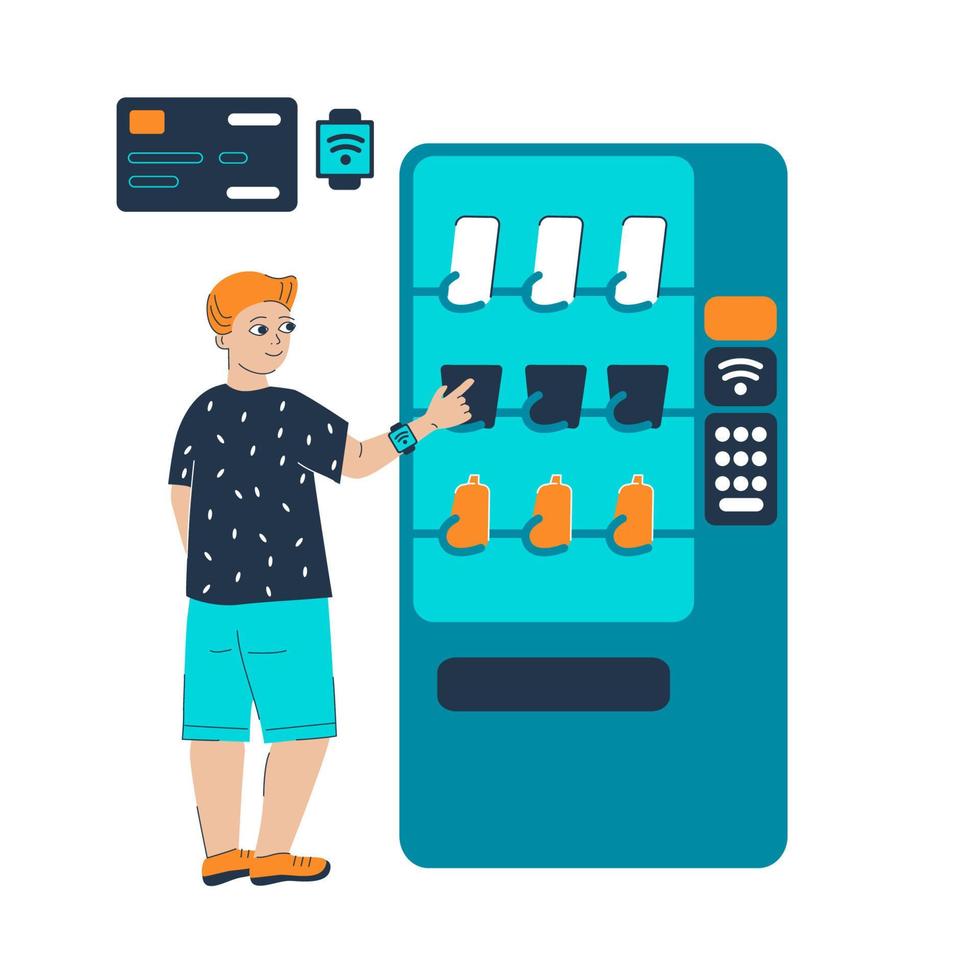 Generation Z young boy using vending machine with drinks and snacks. Self help guy in self service store. Smartwatch contactless payment concept. Children cardless payment vector illustration.