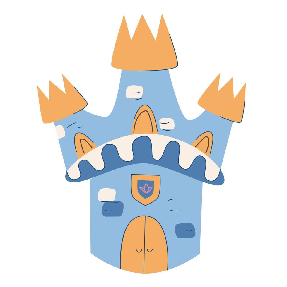 Cute little castle. Fortess with balcony and towers with battlements like crowns. Happy birthday, party, print, kids cover. Doodle childish vector illustration.